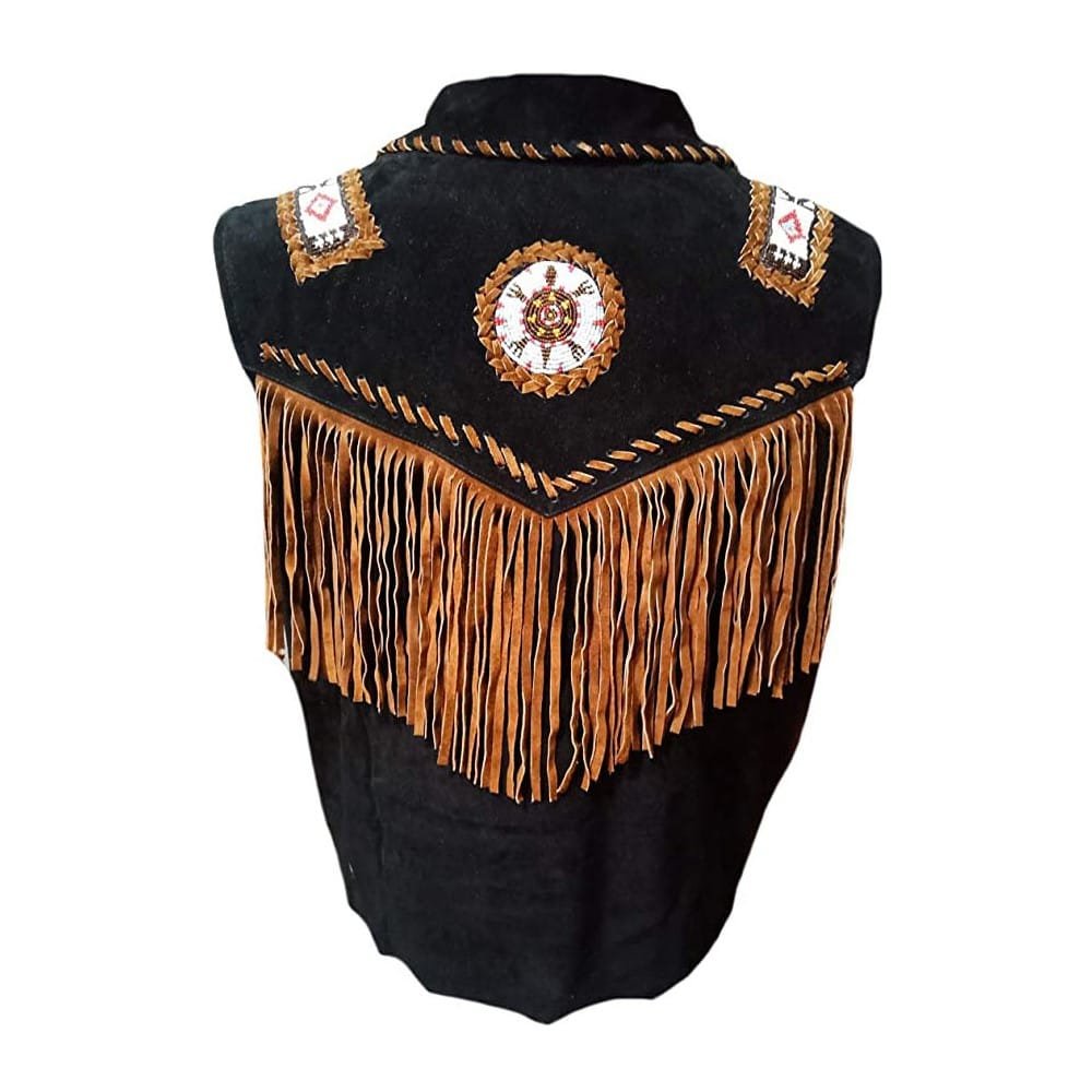 Western Cowgirl Black Suede Vest with Brown Fringes and Bones