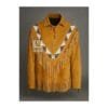 Women's golden tan suede fringe shirt with V-shaped beaded yoke and lace-up neckline