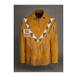 Women's golden tan suede fringe shirt with V-shaped beaded yoke and lace-up neckline