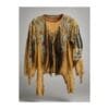 Women's beaded suede war shirt with long hair trim, geometric beadwork, and hem fringe