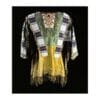 Women's beaded suede war shirt with long hair trim, geometric beadwork, and hem fringe