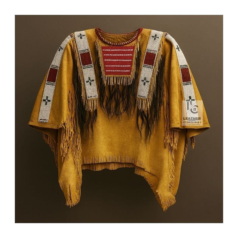 Women's handcrafted suede war shirt with long hair trim, beaded shoulder panels, and fringe hem