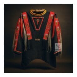 Women's black beaded suede war shirt with natural hair trim and geometric beadwork