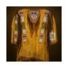Women's golden suede war shirt with long hair trim, hand-beaded shoulder panels, decorative chest bib and fringe