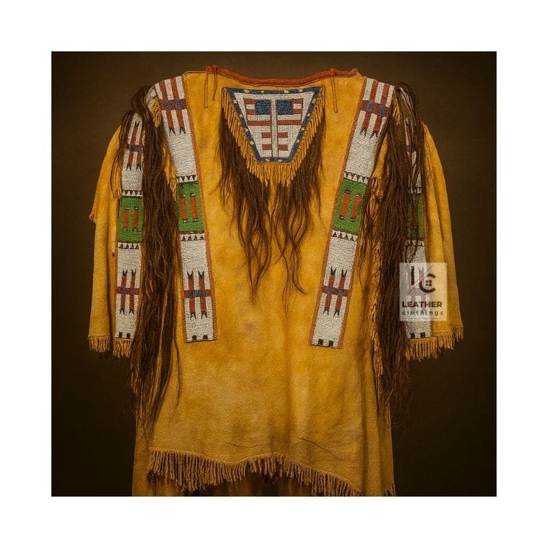 Women's golden suede war shirt with long hair trim, hand-beaded shoulder panels, decorative chest bib and fringe