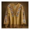 Women's tan suede war shirt with hand-beaded trim, decorative chest medallion, chest fringe, and hem fringe