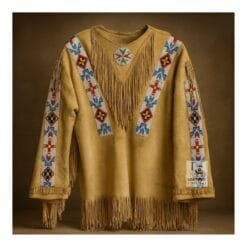 Women's tan suede war shirt with hand-beaded trim, decorative chest medallion, chest fringe, and hem fringe