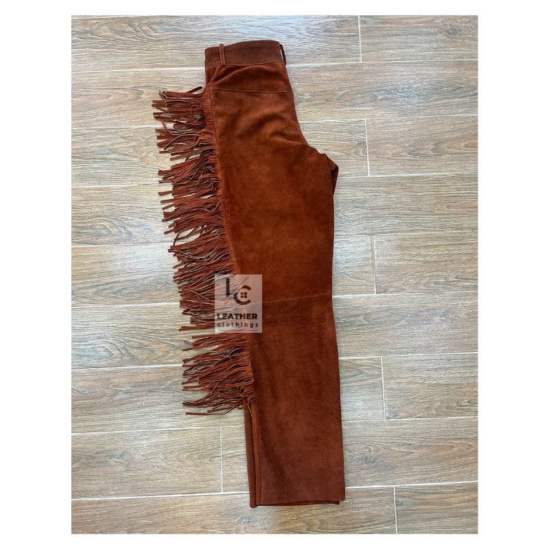 Woman's Rusty Brown Western Pant Native Indian Suede Leather Fringes Pant WSP13B - Backside