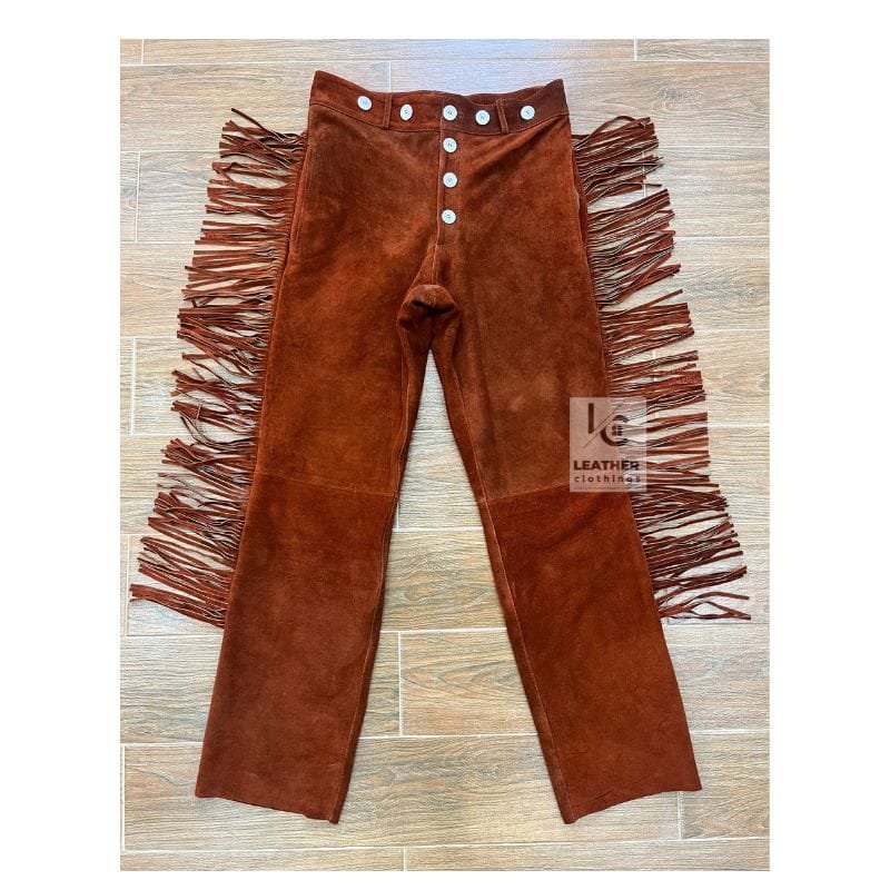 Woman's Rusty Brown Western Pant Native Indian Suede Leather Fringes Pant WSP13B