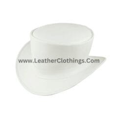 White leather top hat with classic tall crown and clean minimalist band design