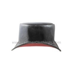 Black leather top hat with red lining and classic handcrafted design