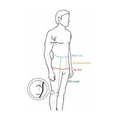Men’s Scottish kilt measurement guide showing waist size, hip size, fell measurement, and kilt length diagram