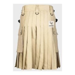 Men wearing khaki tactical utility kilt with adjustable waist straps and pleated back