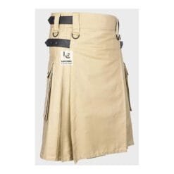 Khaki utility kilt for men featuring durable cotton fabric and modern Scottish design