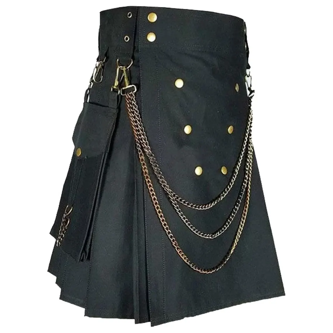 Men’s black Scottish utility cotton kilt deluxe with chain detail and tactical straps