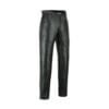 Men's black cowhide leather riding pants with classic five-pocket straight-leg design shown from front and back