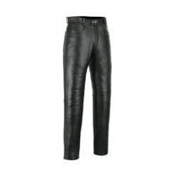 Men's black cowhide leather riding pants with classic five-pocket straight-leg design shown from front and back