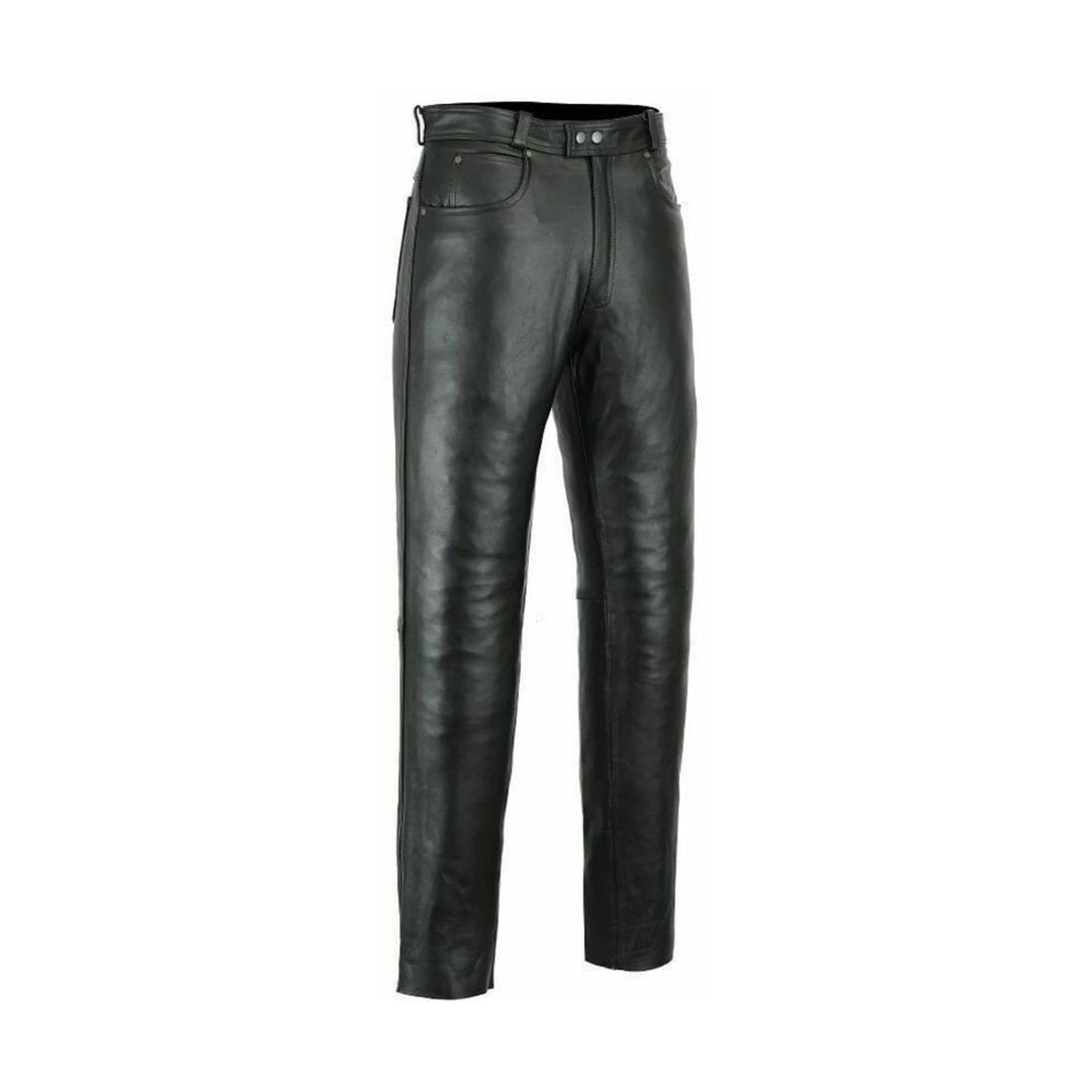 Men's black cowhide leather riding pants with classic five-pocket straight-leg design shown from front and back