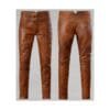 Men's tan cowhide leather riding pants with adjustable side buckles shown from front and back