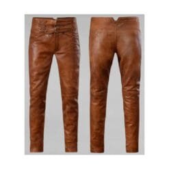 Men's tan cowhide leather riding pants with adjustable side buckles shown from front and back