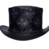 Black leather top hat with gothic skull damask pattern and steampunk styling