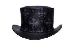 Black leather top hat with gothic skull damask pattern and steampunk styling