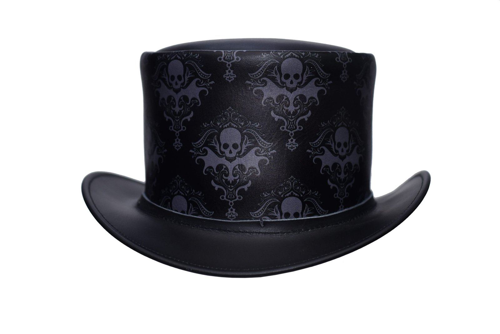 Black leather top hat with gothic skull damask pattern and steampunk styling