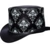 Black leather top hat with skull damask pattern and gothic Victorian design