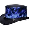 Black leather top hat with blue flame graphic design and skull accent on the band