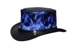Black leather top hat with blue flame graphic design and skull accent on the band