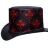 Black leather top hat with red skull damask artwork and gothic Victorian styling