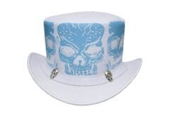 White leather top hat with blue skull print artwork and decorative skull accents