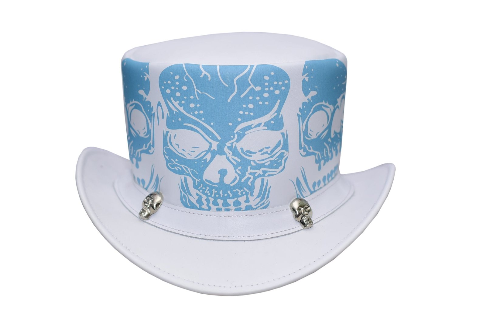 White leather top hat with blue skull print artwork and decorative skull accents