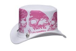 White top hat with pink skull artwork and gothic alternative design