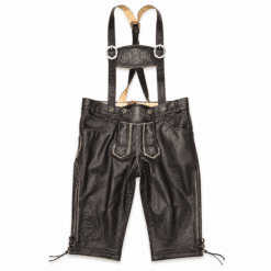 Men's Black Embroidered Lederhosen handcrafted from genuine goat leather with antique beige Bavarian embroidery