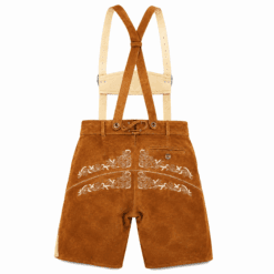 Back view of Trachten Short Lederhosen Real Shaded Brown featuring embroidered rear panel and suspenders