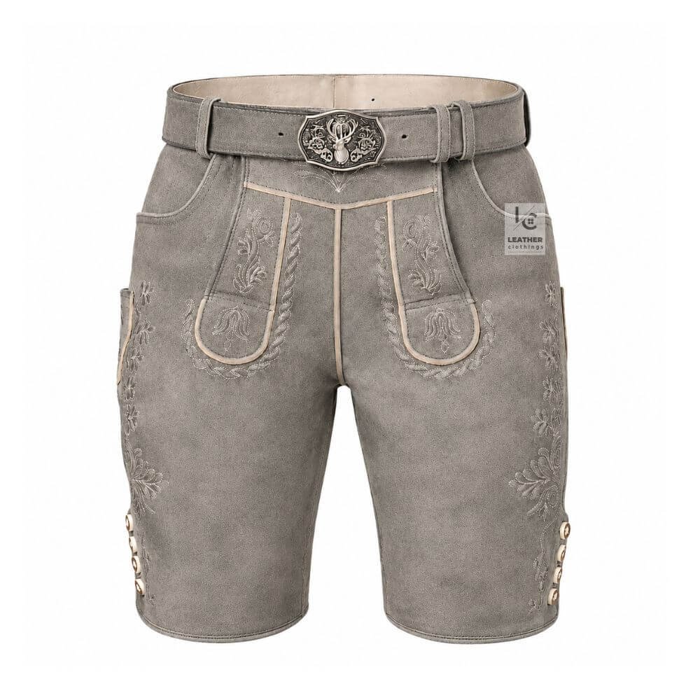 Men’s Grey Leather Lederhosen featuring floral embroidery