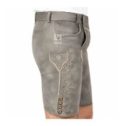 Side view of Men’s Grey Leather Lederhosen featuring floral embroidery and knife pocket