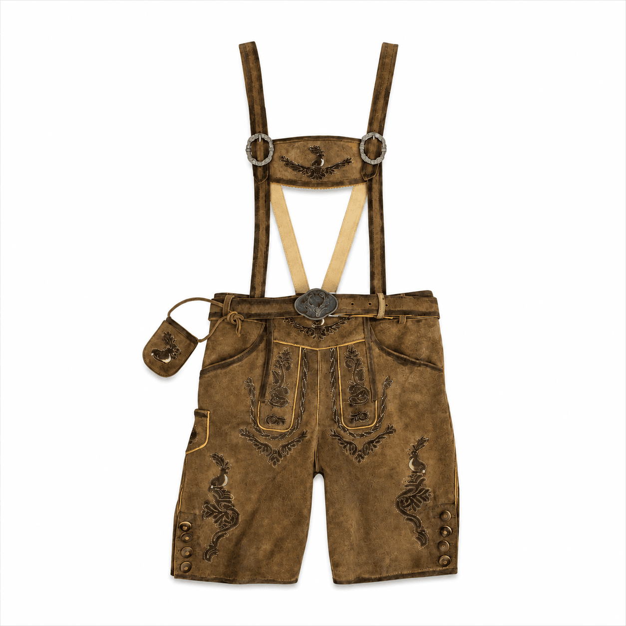 Trachten Short Lederhosen Shaded Wild Brown with suspenders, decorative belt, and deer embroidery