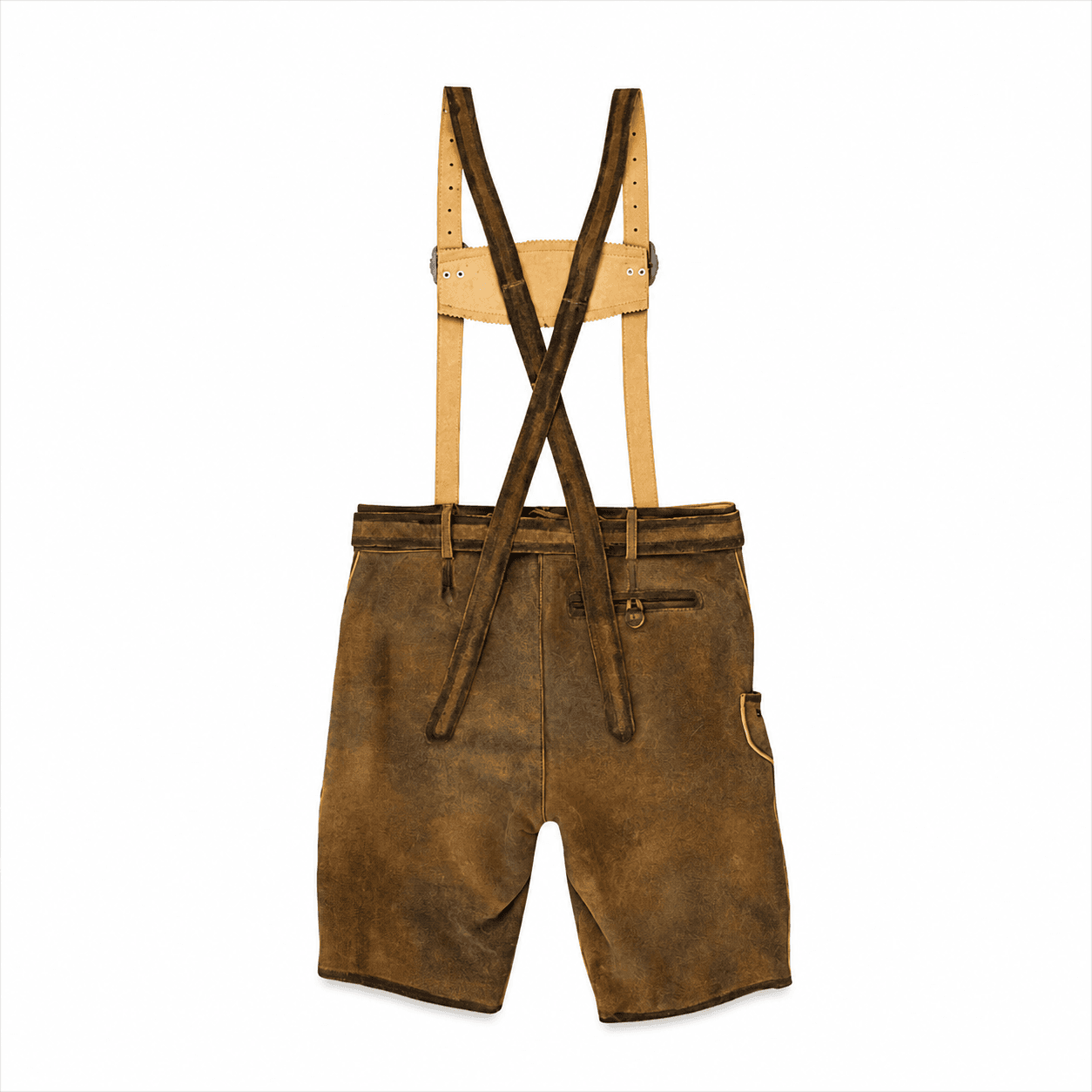 Back view of Trachten Short Lederhosen Shaded Wild Brown with crossed suspenders