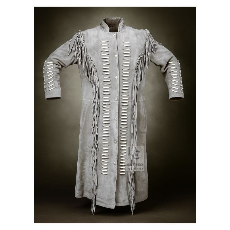 Mens Native American Long Coat - Fringe suede Coat