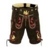 German Lederhosen for Men in dark brown genuine leather with red and gold Bavarian embroidery