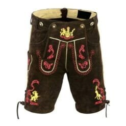 German Lederhosen for Men in dark brown genuine leather with red and gold Bavarian embroidery