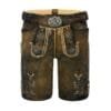 Men Traditional Lederhosen in Brown genuine leather with deer embroidery and antique belt