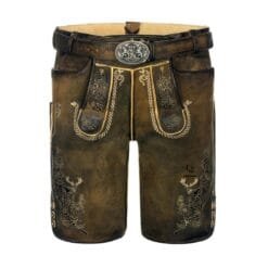 Men Traditional Lederhosen in Brown genuine leather with deer embroidery and antique belt