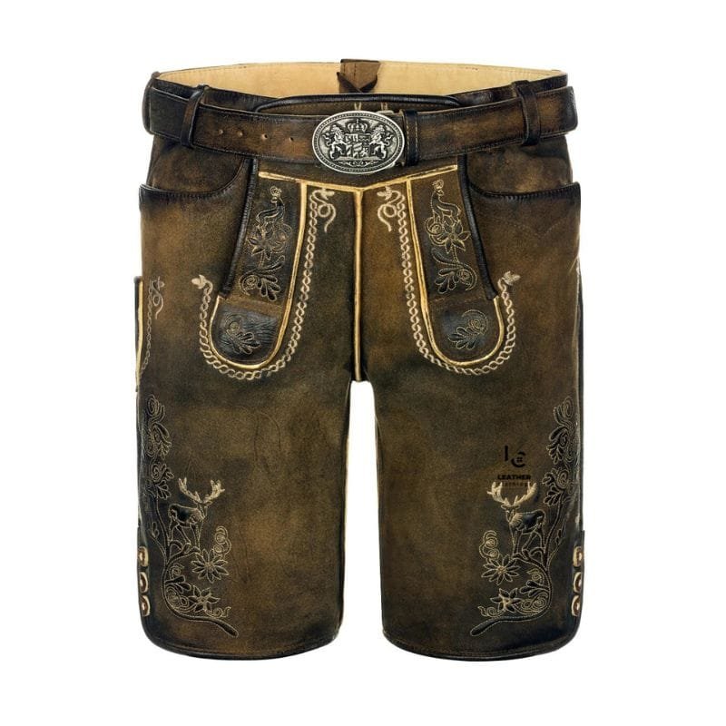 Men Traditional Lederhosen in Brown genuine leather with deer embroidery and antique belt