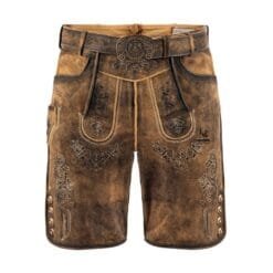 Men's Brown Lederhosen Oktoberfest in distressed suede leather with Alpine scroll embroidery and vintage belt