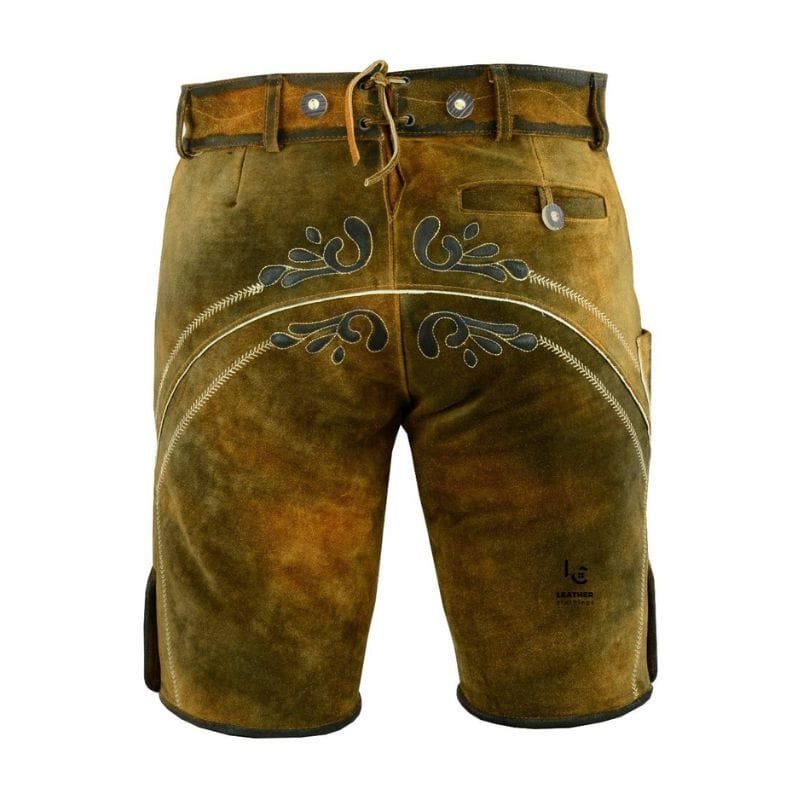 Back view of Men's Vintage Rustic Lederhosen with traditional rear embroidery