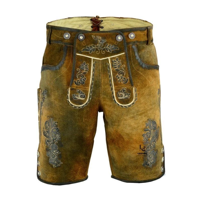 Men's Vintage Rustic Lederhosen in rustic brown genuine leather with grey Bavarian embroidery