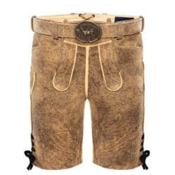Men's Classic German Lederhosen for Festivals handcrafted from genuine leather with vintage brown finish and Alpine embroidery
